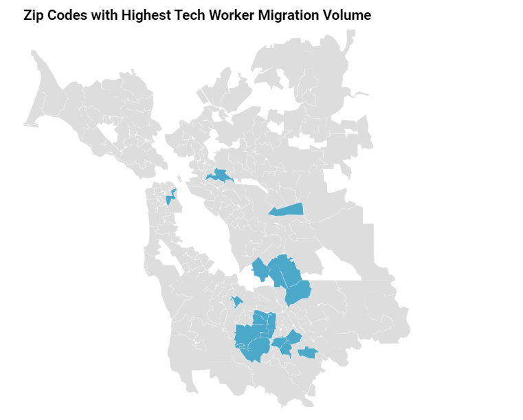 Map showing zip codes with the highest tech worker migration volume.