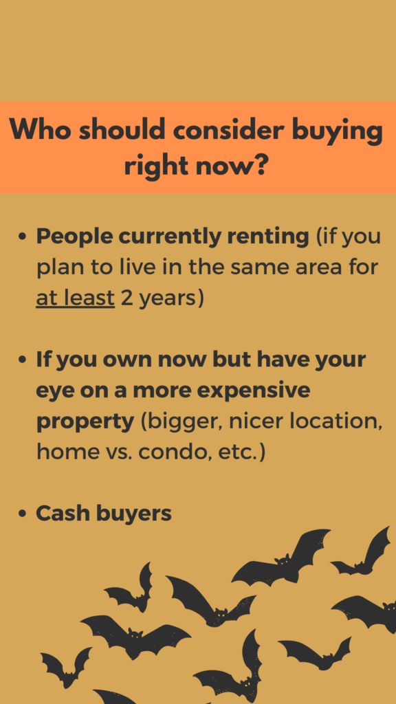 Who should consider buying right now? (1) People currently renting (if you plan to live in the same area for atleast 2 years (2) If you own now but have your eye on a more expensive property (bigger, nicer location, home versus condo, etc. (3) cash buyers